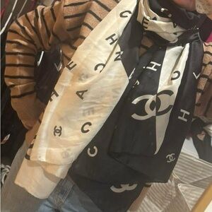 CHANEL Black and Cream Logo Silk Scarf